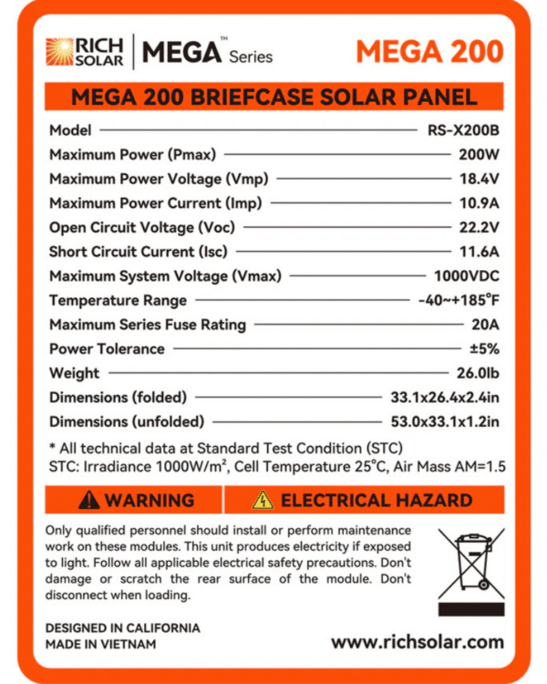 Rich Solar MEGA 12V 200 Watt Portable Briefcase Solar Panel