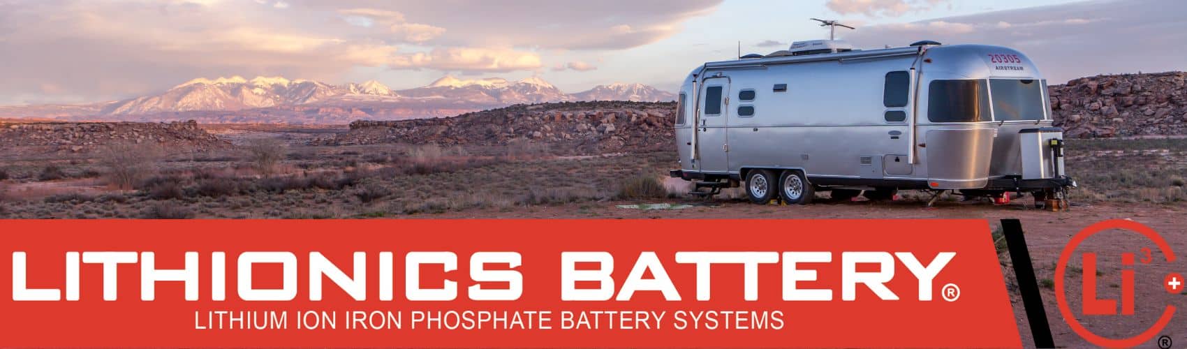 Airstream trailer against a desert sunset, with the Lithionics Battery logo