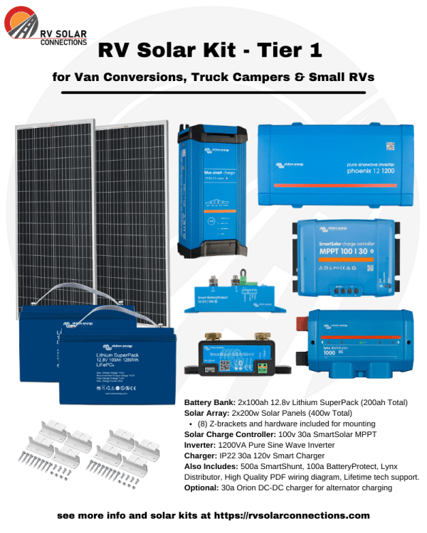 RV Solar Complete Kit – 400w Solar | 200ah LiFePO4 | 1200VA Victron Inverter | For Van Conversions / Truck Campers / Small RVs