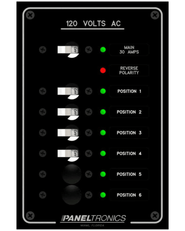 AC 6 Position Circuit Breaker Panel with 30Amp Main and Indicator Lights. 4 Breakers Installed 2 Blanks (1-10A 2-15A 1-20A)